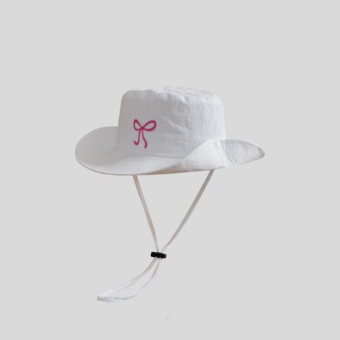 Women's Sweet Pastoral Bow Knot Embroidery Elastic Drawstring Design Big Eaves Bucket Hat