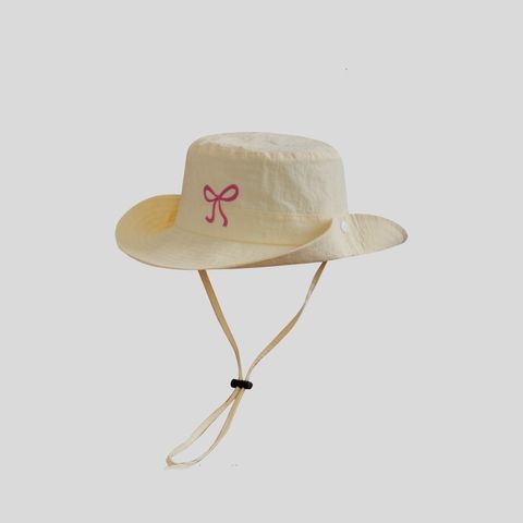Women's Sweet Pastoral Bow Knot Embroidery Elastic Drawstring Design Big Eaves Bucket Hat