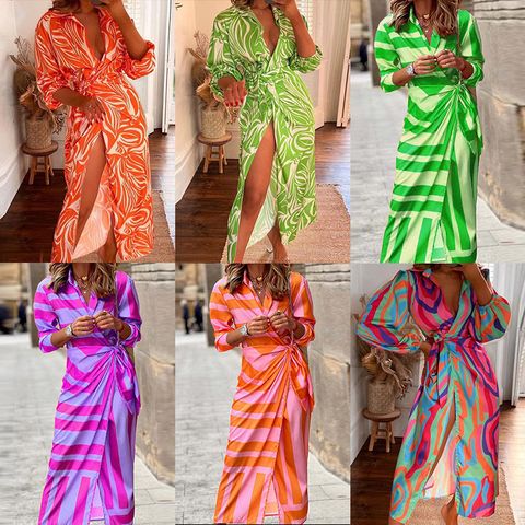 Women's Regular Dress Vacation V Neck Printing Long Sleeve Colorful Stripe Maxi Long Dress Holiday Beach