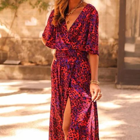 Women's Sheath Dress Streetwear V Neck Printing Half Sleeve Abstract Leopard Maxi Long Dress Outdoor Daily