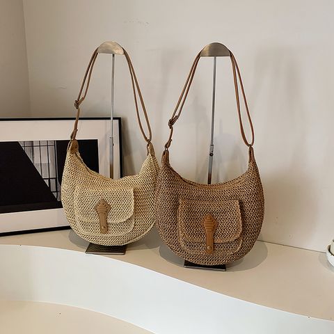 Women's Medium Straw Solid Color Vacation Classic Style Weave Zipper Beach Bag