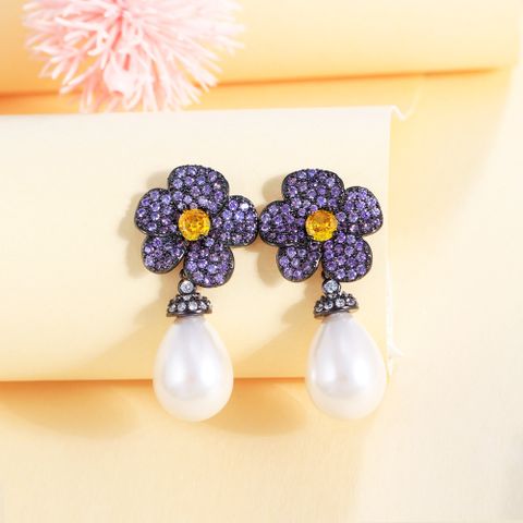 1 Pair Elegant Simple Style Flower Inlay Copper Zircon Drop Earrings
