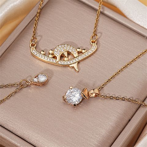 Wholesale Simple Style Shiny Round Water Droplets Dolphin 304 Stainless Steel Copper Inlay K Gold Plated Zircon Pendant Necklace