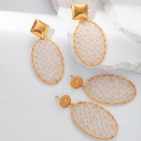 1 Pair Sweet Simple Style Round Square Plating Inlay 304 Stainless Steel Crystal Beads 14K Gold Plated Dangling Earrings
