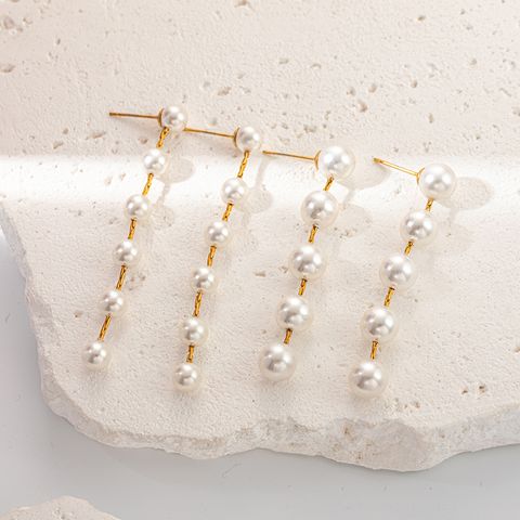 1 Pair French Style Classic Style Round Beaded Inlay 304 Stainless Steel Pearl 14K Gold Plated Drop Earrings