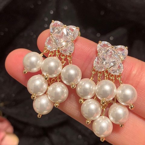 1 Pair Simple Style Classic Style Fruit Plating Inlay Artificial Pearl Mixed Materials Brass Zircon 14K Gold Plated Drop Earrings