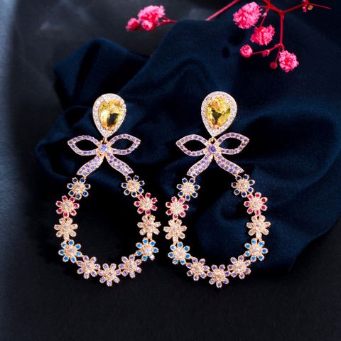 1 Pair Vintage Style Vacation Flower Bow Knot Inlay Copper Zircon Drop Earrings