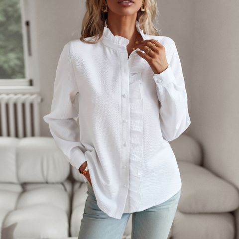 Women's Blouse Long Sleeve Blouses Frill Ruched Business Stripe Solid Color