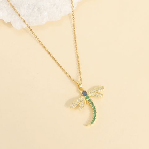 Wholesale Casual Cute Vacation Dragonfly 304 Stainless Steel Copper Plating Inlay 18K Gold Plated Zircon Pendant Necklace