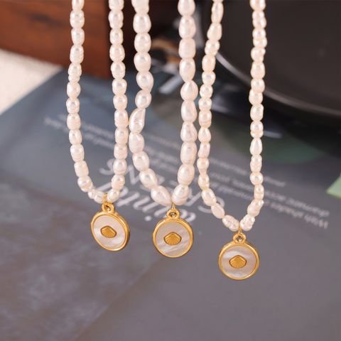Elegant French Style Simple Style Oval Shell 304 Stainless Steel Shell Beaded Inlay Shell 18K Gold Plated Women's Pendant Necklace