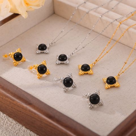 304 Stainless Steel 18K Gold Plated Retro Simple Style Plating Inlay Round Agate Earrings Necklace