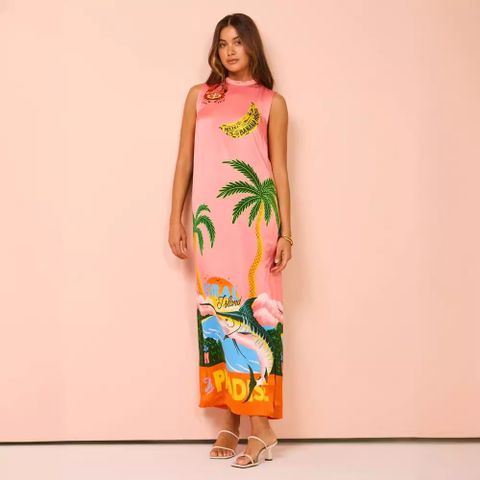Women's Sheath Dress Vacation Round Neck Printing Contrast Binding Sleeveless Coconut Tree Midi Dress Holiday Beach