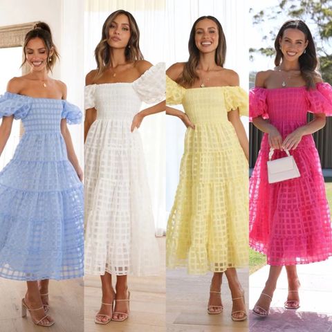 Women's Princess Dress Simple Style Boat Neck Short Sleeve Plaid Solid Color Midi Dress Holiday Date