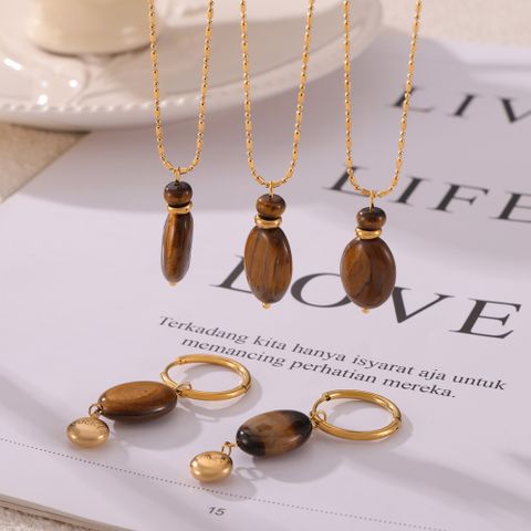 304 Stainless Steel Tiger Eye 18K Gold Plated Elegant Retro Simple Style Beaded Plating Oval Earrings Necklace