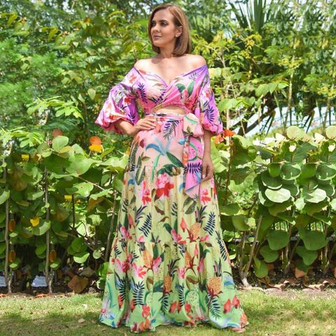 Women's Floral Dress Pastoral Streetwear V Neck Off Shoulder Printing 3/4 Length Sleeve Plant Maxi Long Dress Holiday