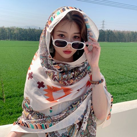 Women's Ethnic Style Leaves Flower Cotton And Linen Printing Shawl