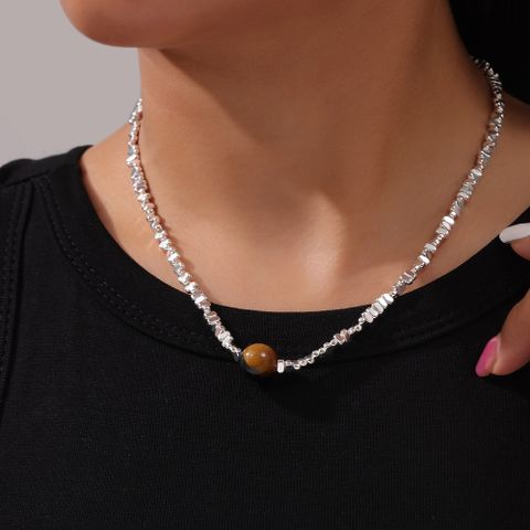 304 Stainless Steel Tiger Eye Casual Simple Style Beaded Quadrilateral Round Pendant Necklace