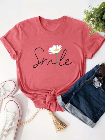 Women's T-shirt Short Sleeve T-Shirts Round Casual Letter Flower