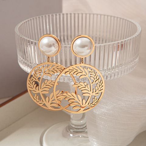 1 Pair Vacation Modern Style Round Leaves Plating Hollow Out Inlay 304 Stainless Steel Pearl 14K Gold Plated Dangling Earrings