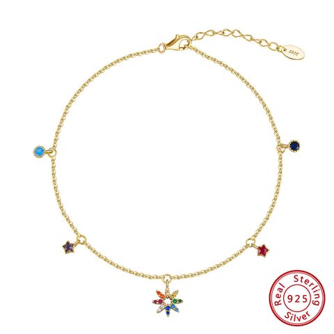 Vacation Simple Style Flower Sterling Silver Polishing Inlay Zircon 14K Gold Plated White Gold Plated Women's Anklet