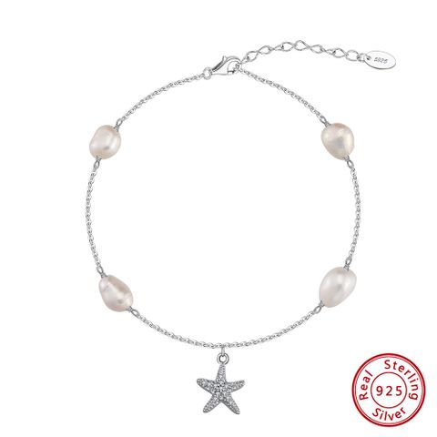 Simple Style Starfish Freshwater Pearl Sterling Silver Polishing Inlay Zircon 14K Gold Plated White Gold Plated Women's Anklet