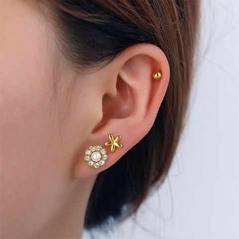 3 Pairs Casual Cute Flower 304 Stainless Steel Pearl 18K Gold Plated Ear Studs