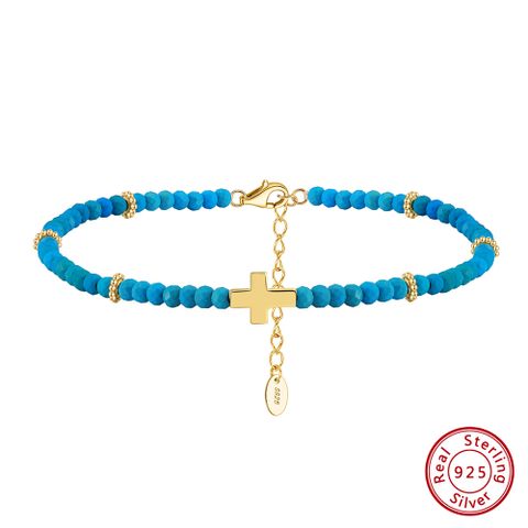 Simple Style Cross Turquoise Sterling Silver Polishing Plating Chain 14K Gold Plated White Gold Plated Women's Anklet