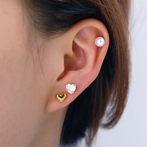 3 Pairs Cute Classic Style Heart Shape 304 Stainless Steel Artificial Pearls Zircon 18K Gold Plated Ear Studs