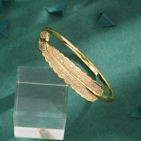 Copper 18K Gold Plated Simple Style Plating Feather Zircon Bangle