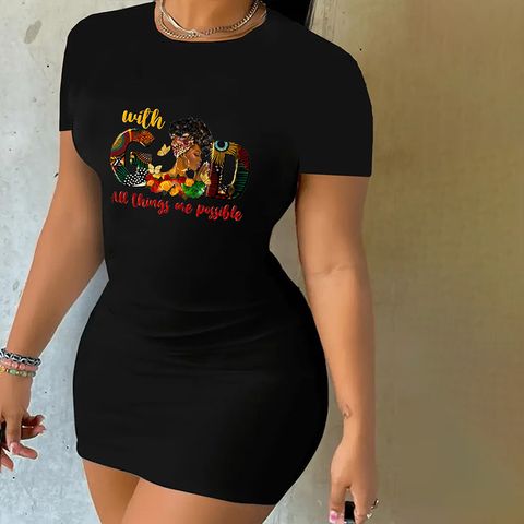 Women's T Shirt Dress Streetwear Round Neck Short Sleeve Letter Knee-Length Holiday Daily