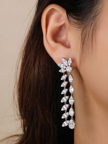 1 Pair Elegant Glam Luxurious Geometric Asymmetrical Water Drop Copper Zircon White Gold Plated Drop Earrings