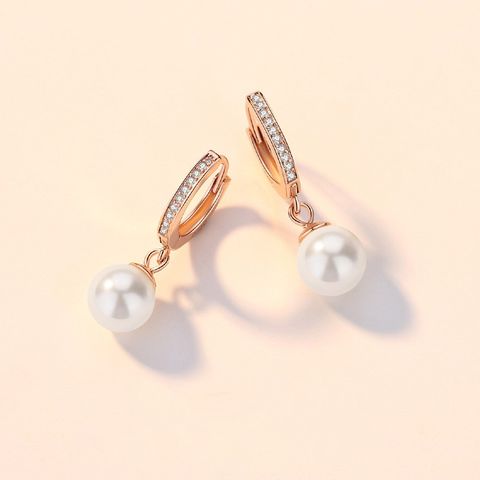 1 Pair Elegant Simple Style Round Plating Inlay Sterling Silver Pearl Zircon Drop Earrings