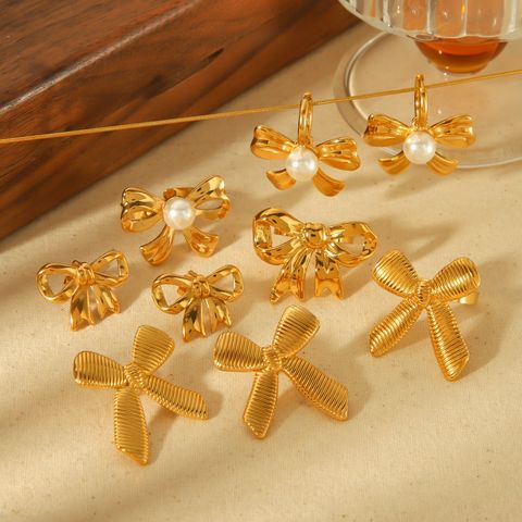 304 Stainless Steel 18K Gold Plated Cute Simple Style Polishing Plating Bow Knot Artificial Pearls Rings Earrings