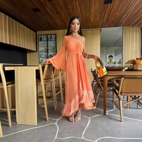 Women's Fringe Dress Elegant Oblique Collar Long Sleeve Solid Color Maxi Long Dress Holiday Daily
