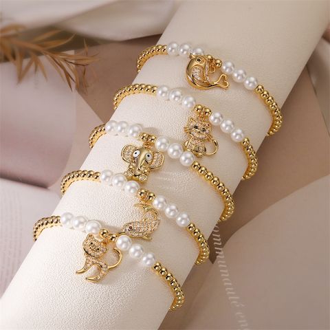 Imitation Pearl Copper IG Style Simple Style Korean Style Beaded Inlay Animal Dolphin Elephant Zircon Bracelets