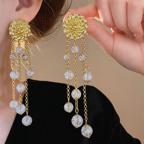 1 Pair Elegant Retro Lady Flower Tassel Inlay Alloy Glass Drop Earrings