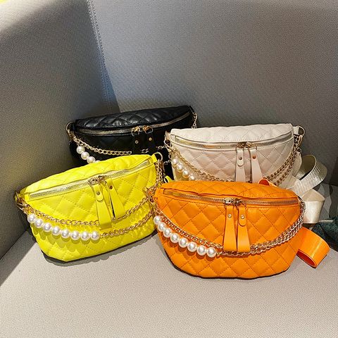 Women's Streetwear Solid Color Lingge Pu Leather Waist Bags