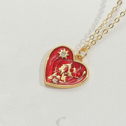 Wholesale Vintage Style Simple Style Commute Round Heart Shape Copper Enamel Plating 14K Gold Plated Zircon Pendant Necklace