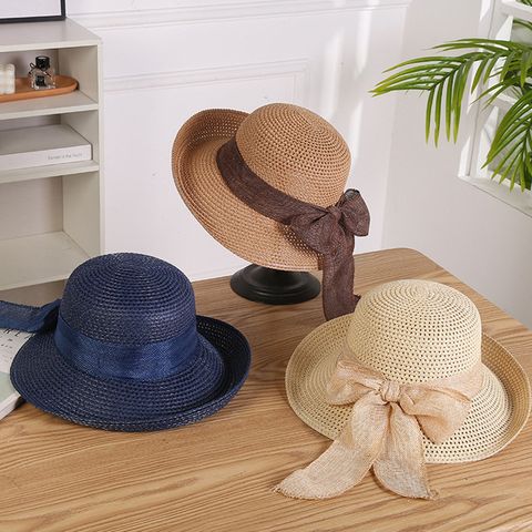 Ribbon Bowknot Big Brimmed Straw Hat Summer Women's Sun Hat Curling Beach Sun Hat Vacation Summer Cooling Hat