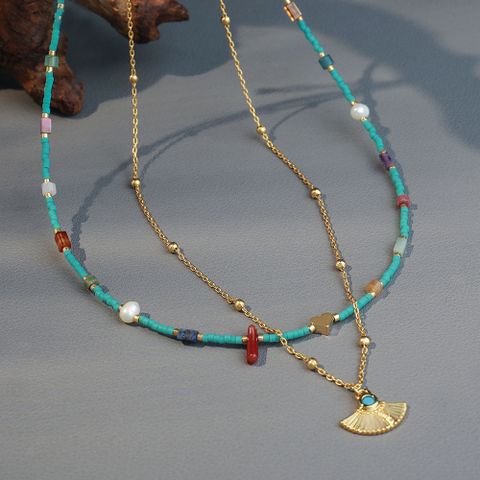 Chinoiserie Vintage-Stil Ethnischer Stil Runden Sektor Süßwasserperle Saatperle Kupfer Perlen Frau Geschichtete Halskette