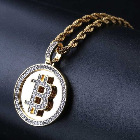 Hip-Hop Retro Bitcoin Copper Asymmetrical Plating Inlay Zircon 14K Gold Plated Women's Pendant Necklace