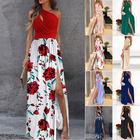 Women's Sheath Dress Party Dress Sexy Oblique Collar Sleeveless Printing Rose Solid Color Maxi Long Dress Banquet Prom Date