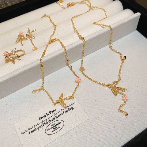 Copper 18K Gold Plated Elegant Streetwear Enamel Flower Bird Rings Earrings Necklace