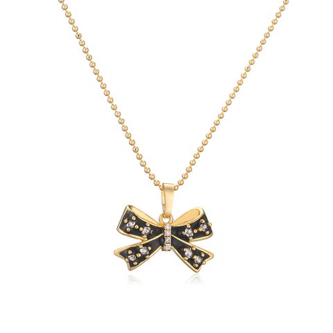 Copper 18K Gold Plated Elegant Vacation Sweet Enamel Plating Inlay Bow Knot Zircon Earrings Necklace Jewelry Set
