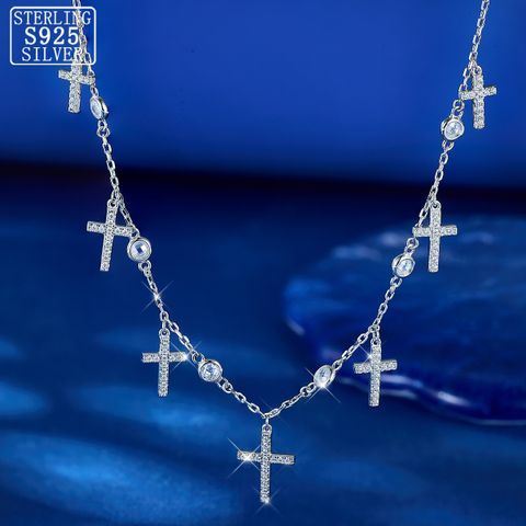 Sterling Silver White Gold Plated Elegant Glam Inlay Cross Zircon Necklace