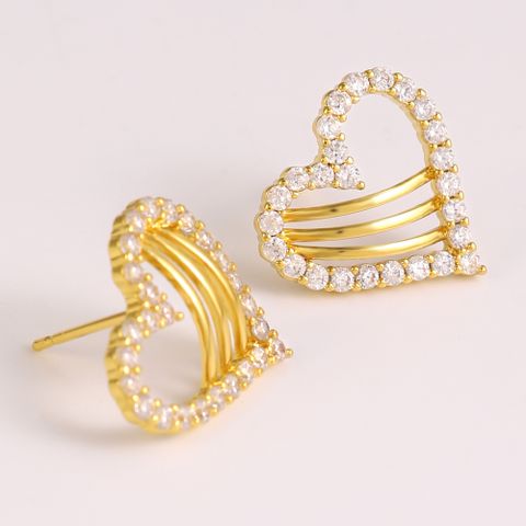 1 Pair Classic Style Commute Shiny Heart Shape Hollow Out Inlay Copper Zircon 18K Gold Plated Drop Earrings Ear Studs