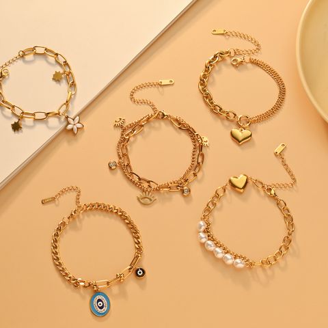 IG Style Korean Style Devil's Eye Solid Color Flower 304 Stainless Steel 18K Gold Plated Artificial Pearls Bracelets In Bulk