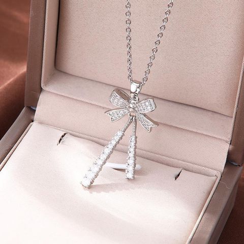 Titanium Steel Copper Elegant Simple Style Plating Bow Knot Zircon Pendant Necklace