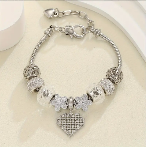 Wholesale Jewelry Romantic Simple Style Heart Shape Flower Alloy Copper Brass Rhinestones Silver Plated Beaded Inlay Bracelets