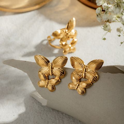 1 Pair IG Style Butterfly Plating 304 Stainless Steel Titanium Steel 18K Gold Plated Earrings